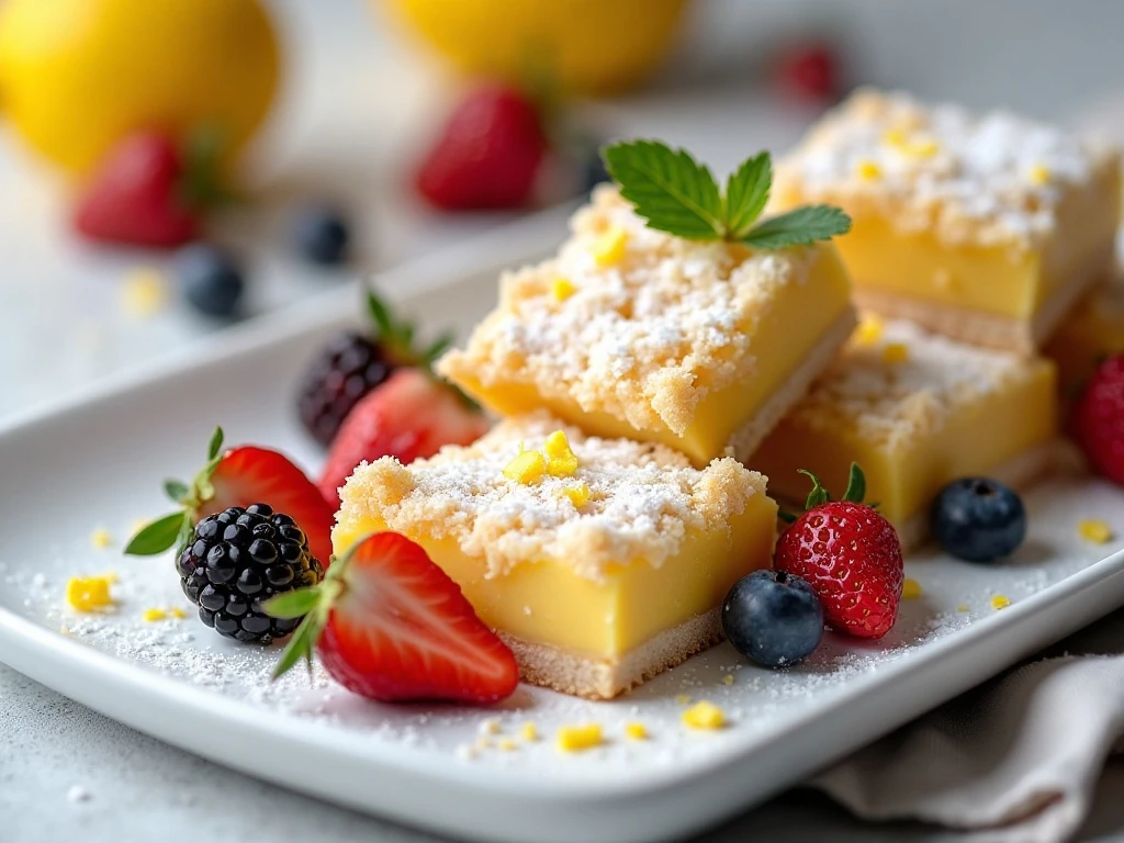 Coconut lemon crumble bars served with berries and lemon zest