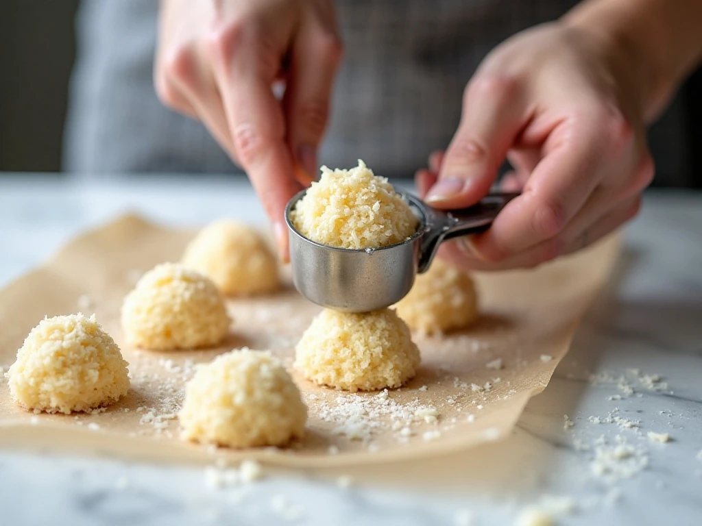 Packing coconut macaroon mixture into compact cookie mounds