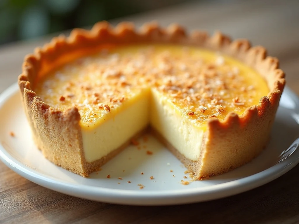Golden creamy coconut pie with one slice served