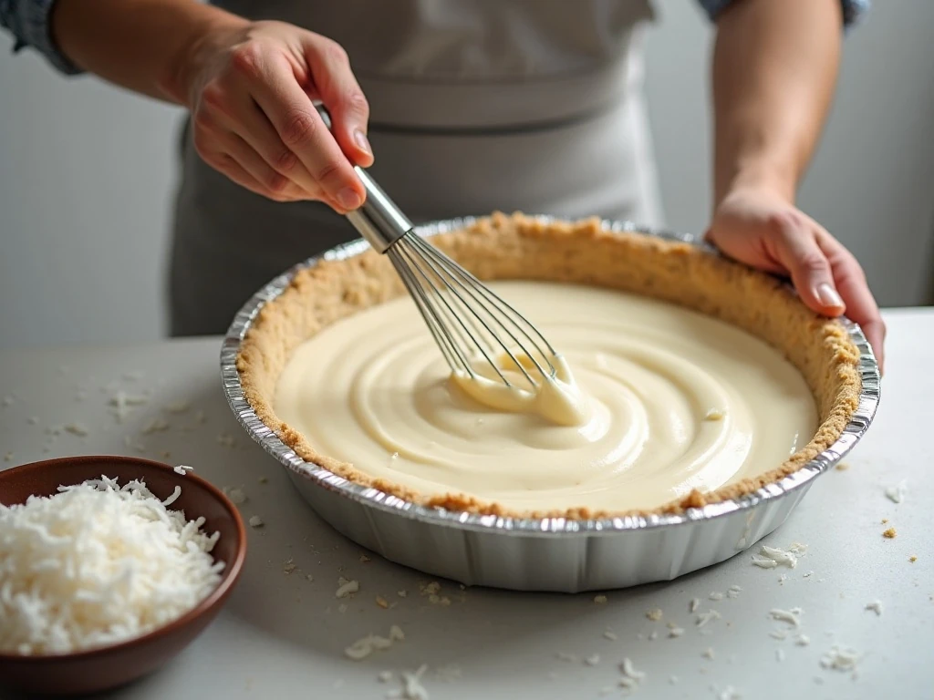 Whisking batter for coconut pie before baking