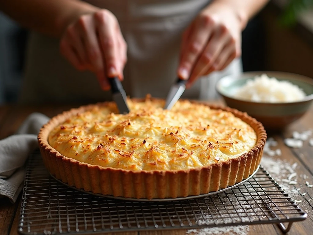 Coconut pie cooling after baking