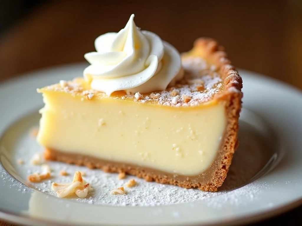 Coconut pie slice with whipped cream and powdered sugar
