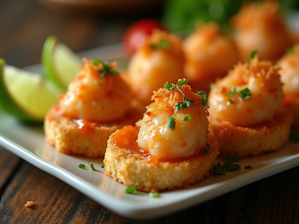 Coconut shrimp crostini appetizer arranged on a serving platter