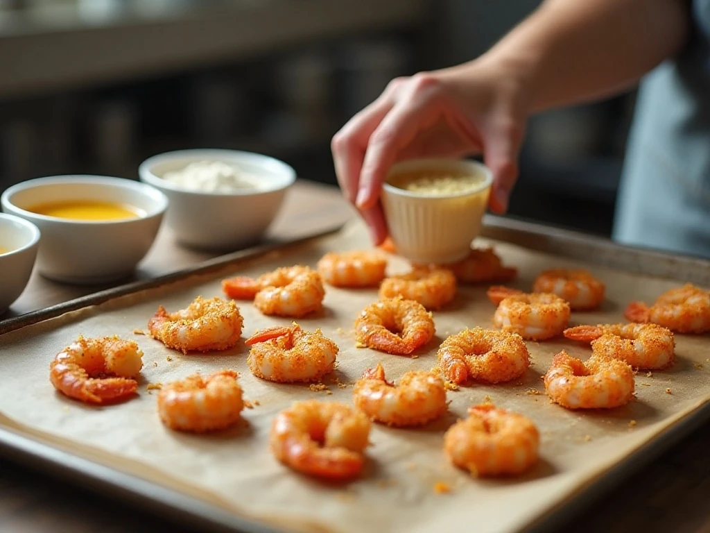 Coconut shrimp being coated and arranged for baking