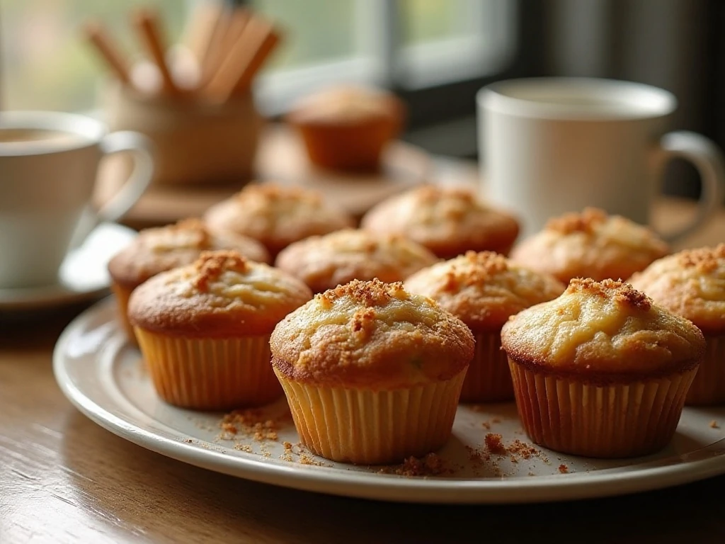 Golden coffee cake muffins with cinnamon streusel served for breakfast