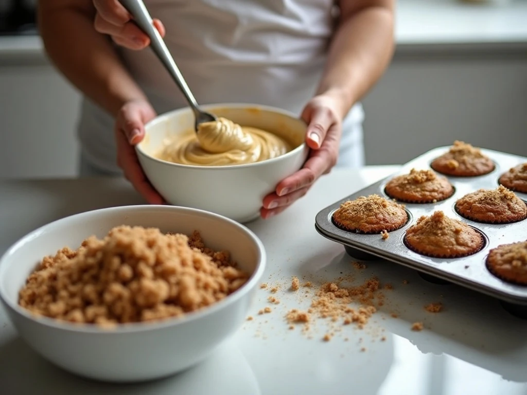 Preparing coffee cake muffin batter and cinnamon streusel
