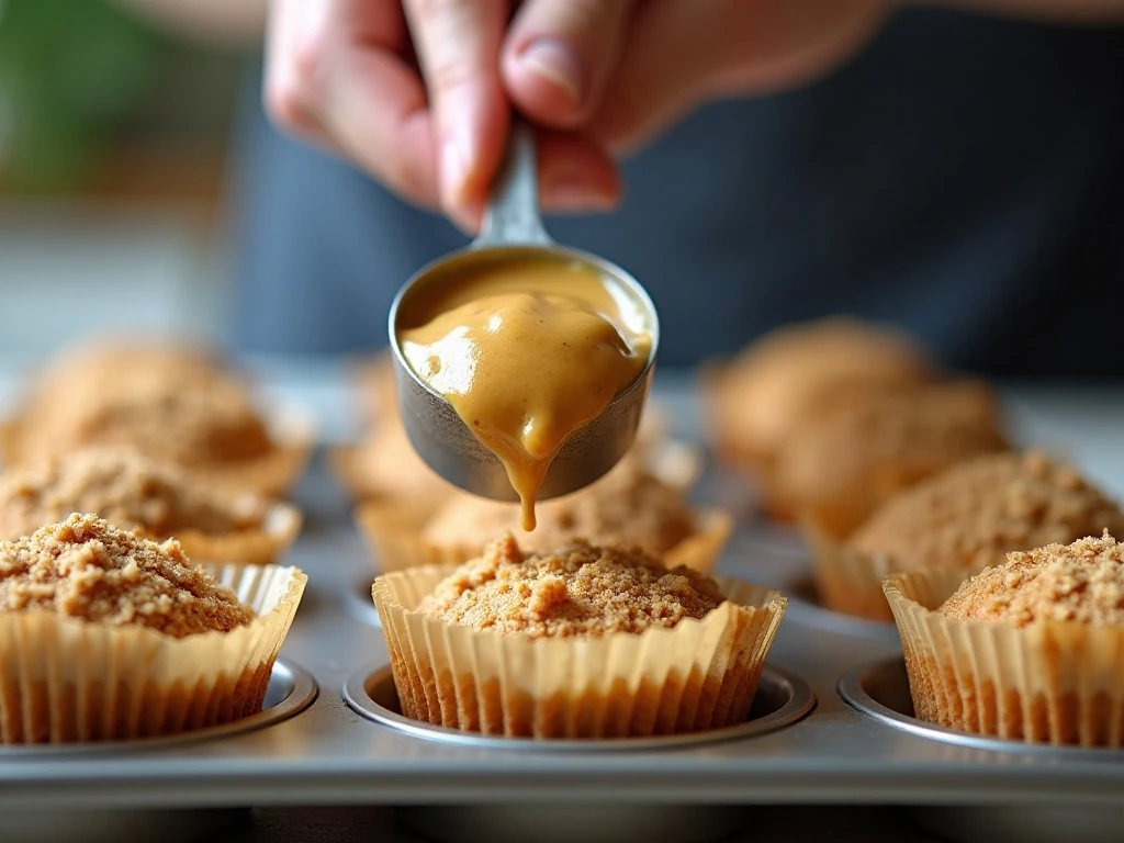Filling muffin cups with thick batter before adding streusel