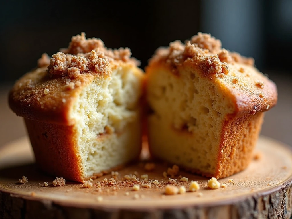 Close-up of tender coffee cake muffin crumb and cinnamon topping