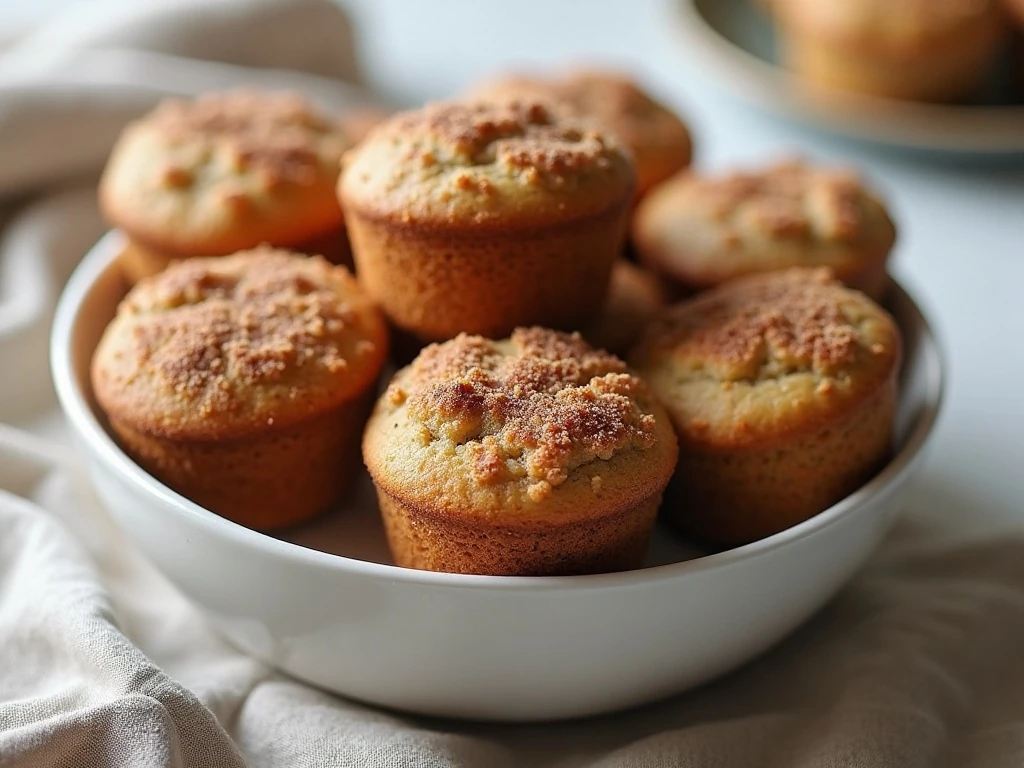 Homemade coffee cake muffins arranged on a breakfast table