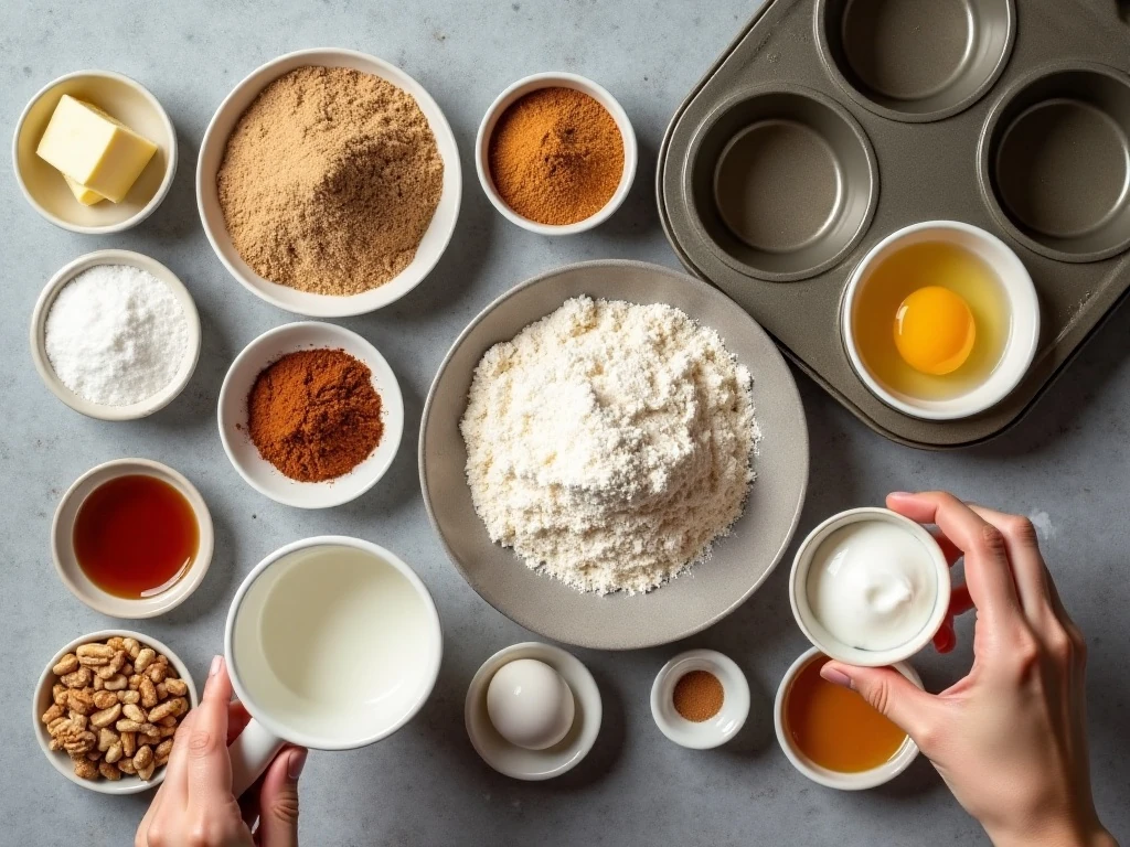 Ingredients for sour cream coffee cake muffins and crumb topping