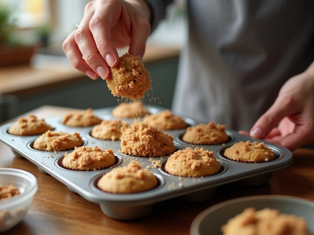 Adding buttery cinnamon crumb topping to muffin batter