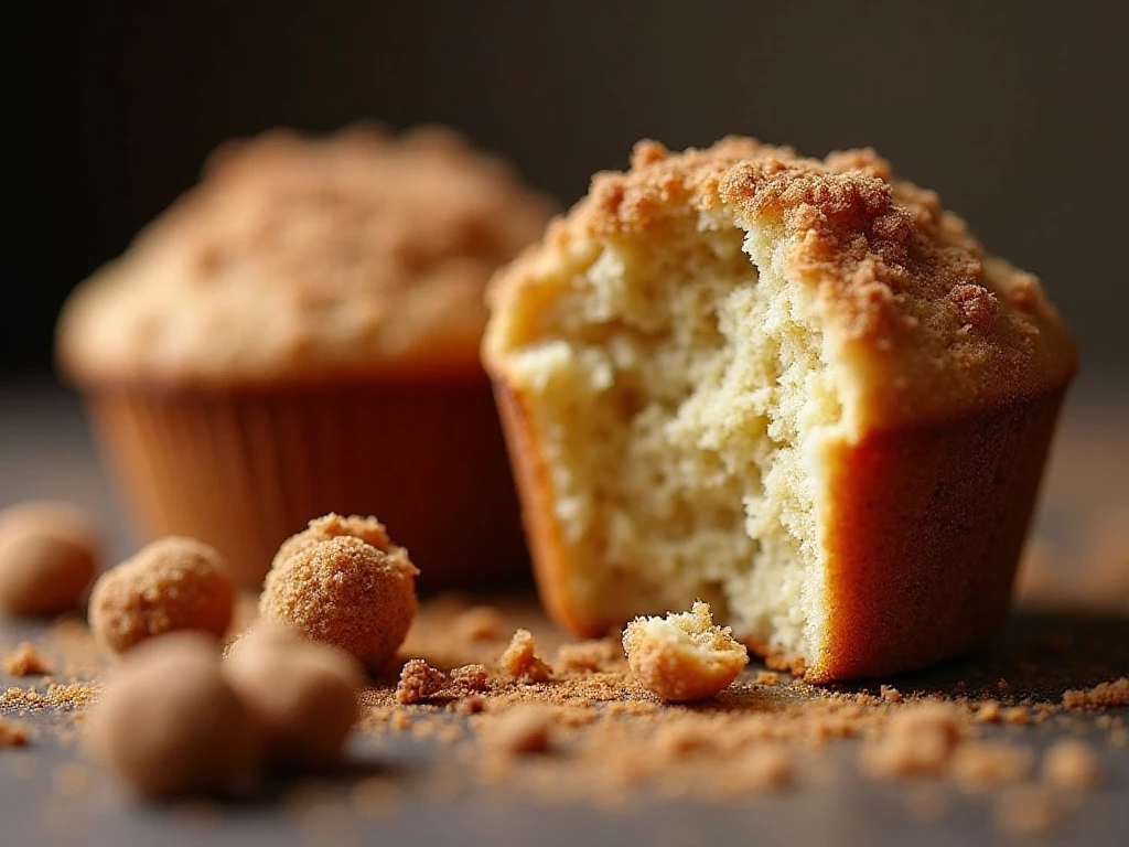 Close-up of crisp streusel and tender coffee cake muffin texture