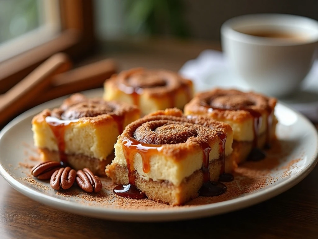 Golden coffee-glazed cinnamon bun casserole served in squares