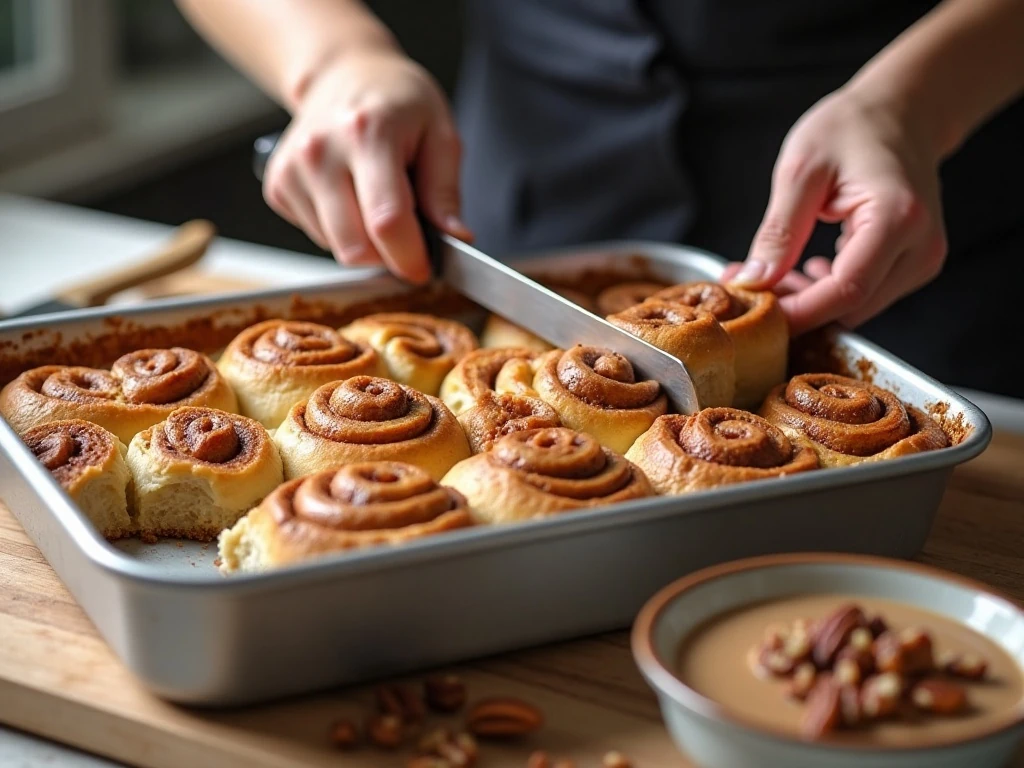 Preparing cinnamon roll pieces for the casserole