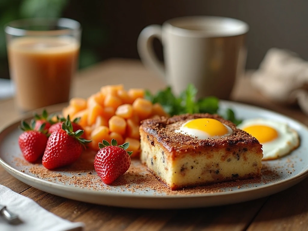 Coffee bun casserole served with savory sides and coffee
