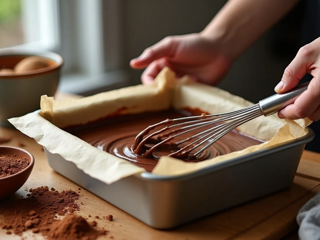 Whisking thin chocolate cake batter before baking