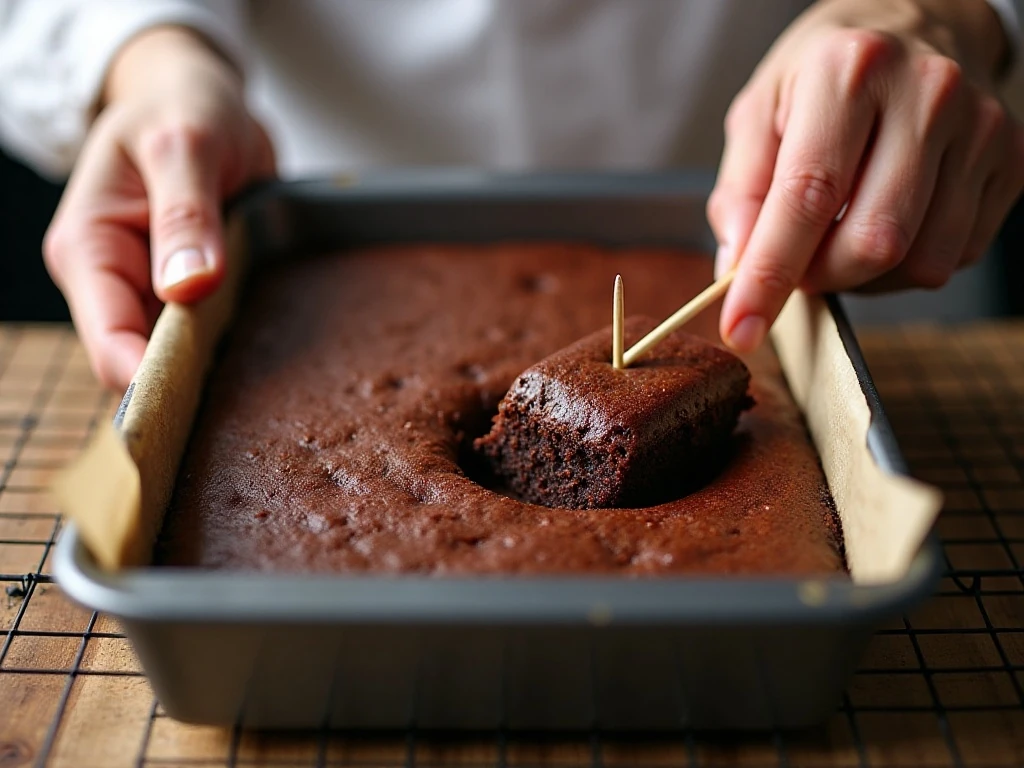Testing a chocolate cake for moist crumbs