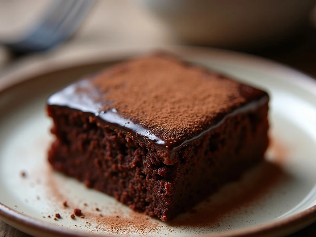 Close-up of glazed cold chocolate cake with cocoa dusting