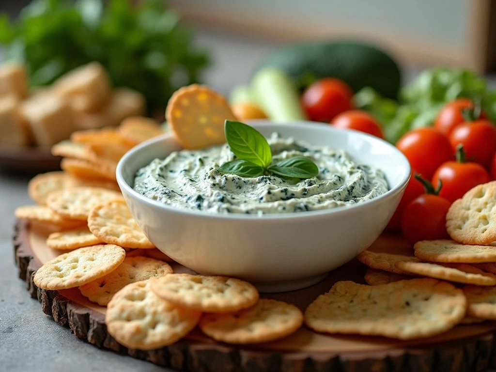 Creamy cold spinach dip surrounded by party dippers