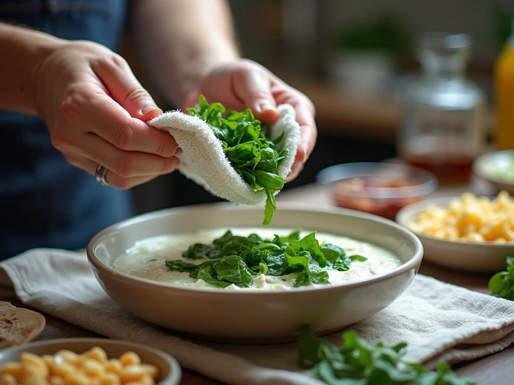 Squeezing thawed spinach dry for cold spinach dip