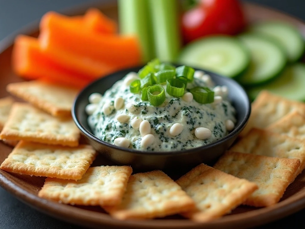 Cold spinach dip with fresh vegetables and crackers