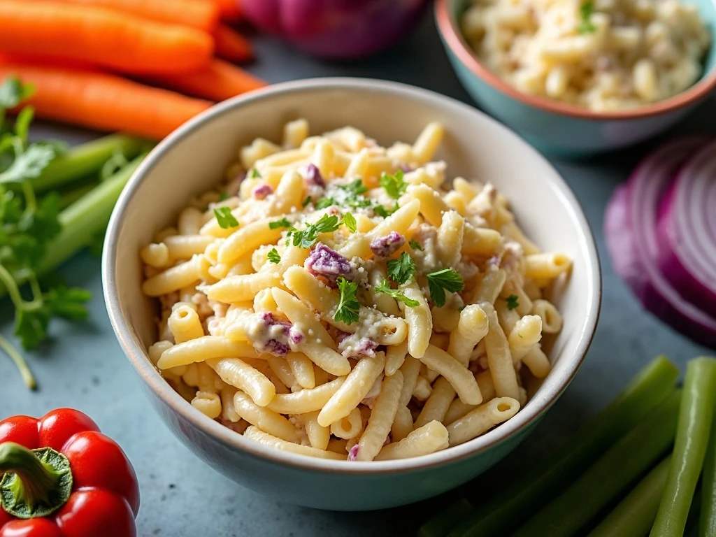 Creamy coleslaw pasta salad ready for a potluck