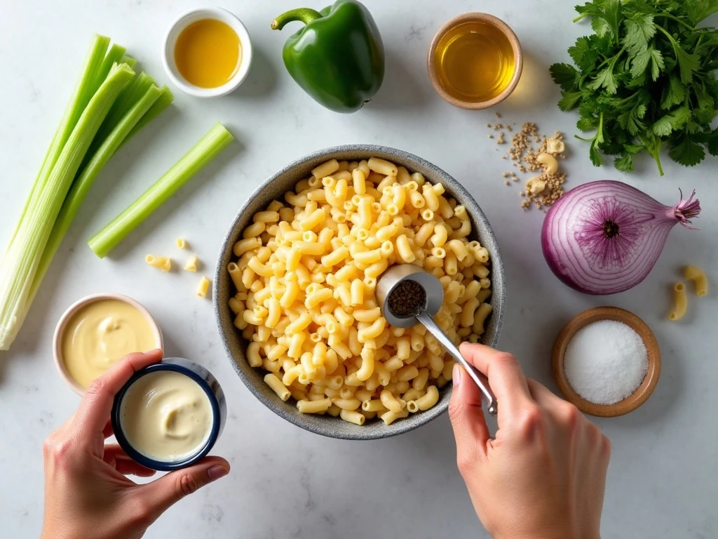 Ingredients for creamy coleslaw pasta salad