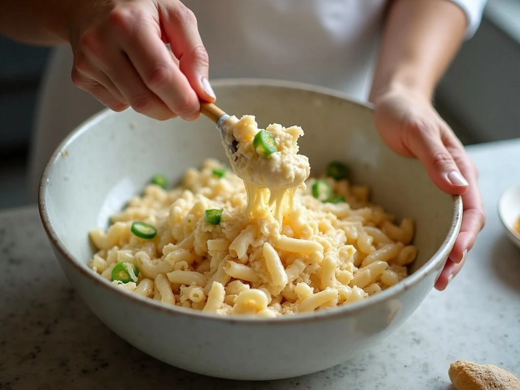 Mixing pasta and vegetables with creamy coleslaw dressing