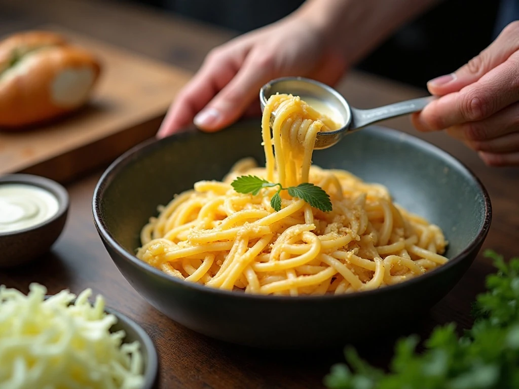 Cooled pasta and reserved dressing for creamy pasta salad