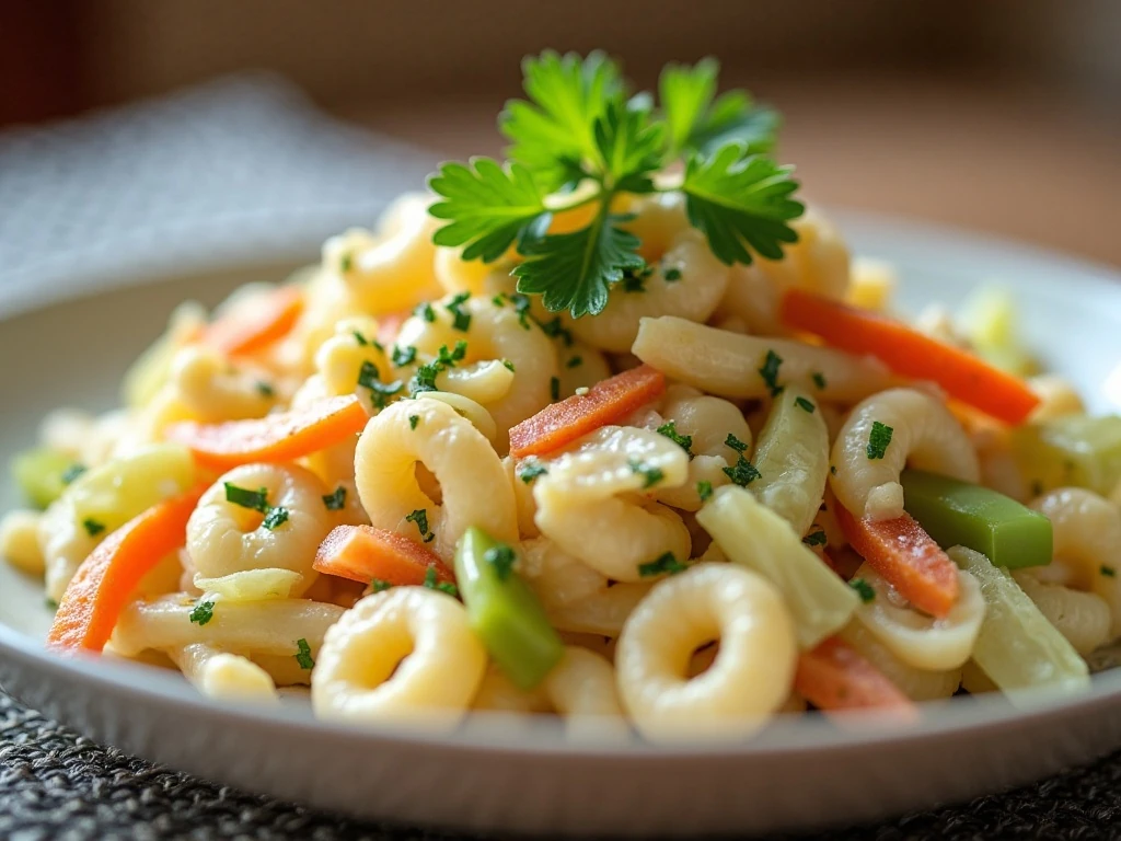Close-up of garnished creamy coleslaw pasta salad