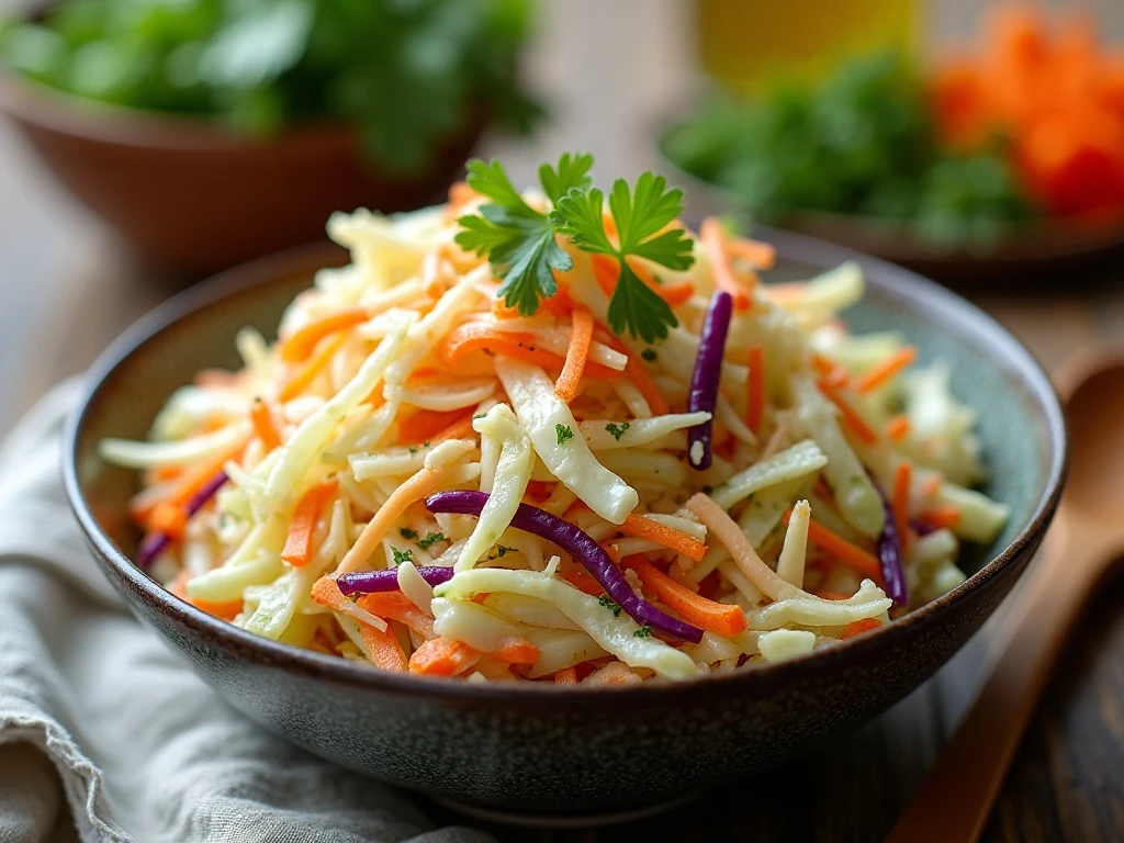 Colorful no-mayo coleslaw in a serving bowl