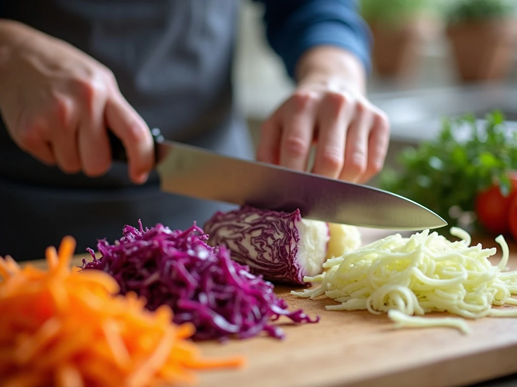 Thinly slicing cabbage for no-mayo coleslaw
