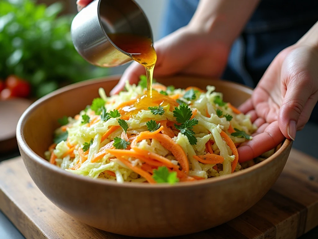 Tossing cabbage and carrots with vinegar dressing