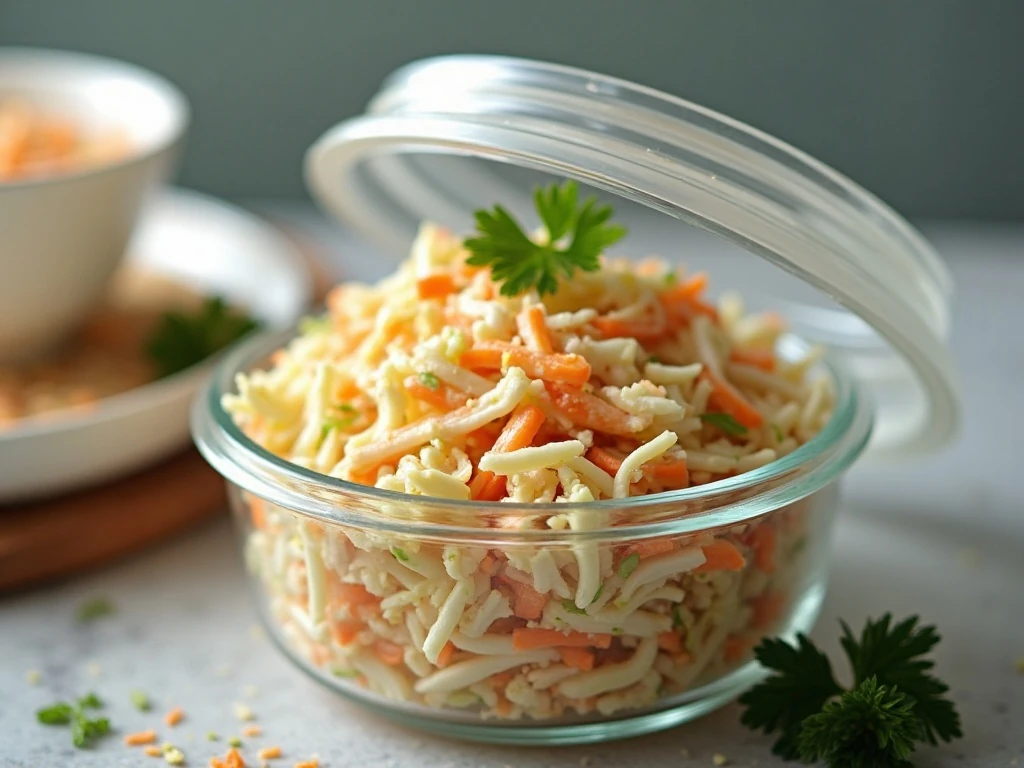 Chilled vinegar coleslaw ready for storage or serving