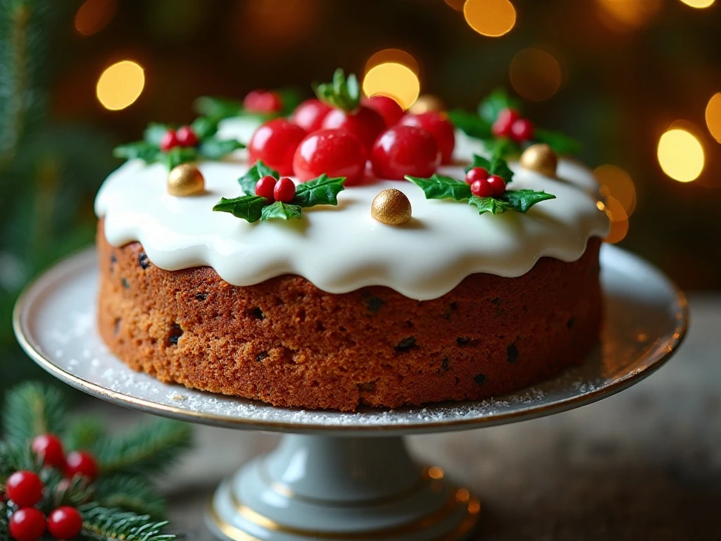 Colorful Christmas cake decorated with holly, cherries, and gold sugar pearls