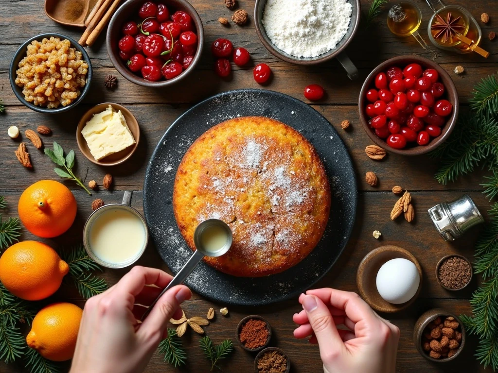 Ingredients for a traditional colorful Christmas fruit cake