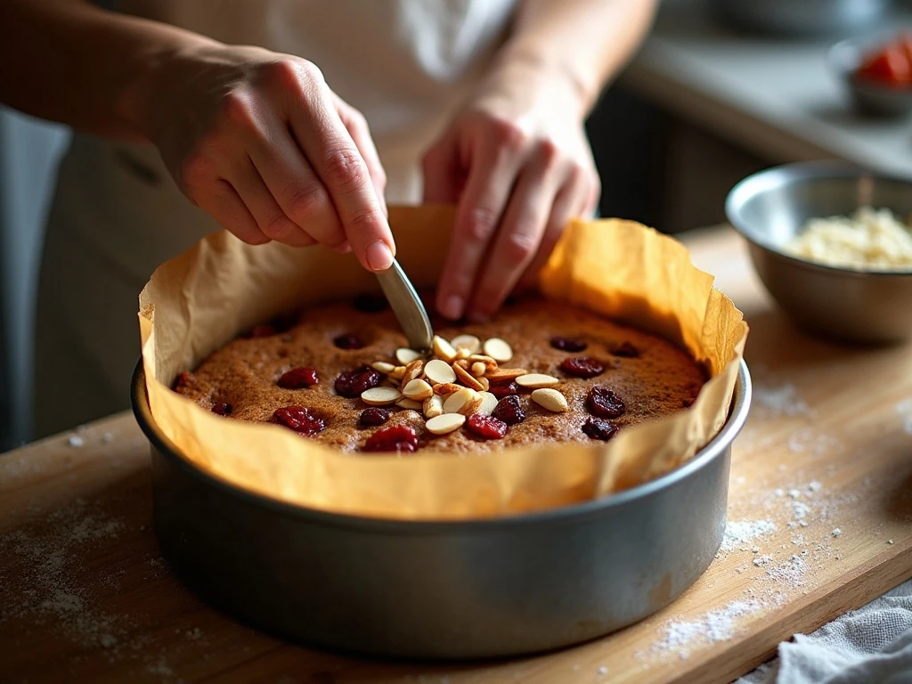 Folding soaked fruit into Christmas cake batter