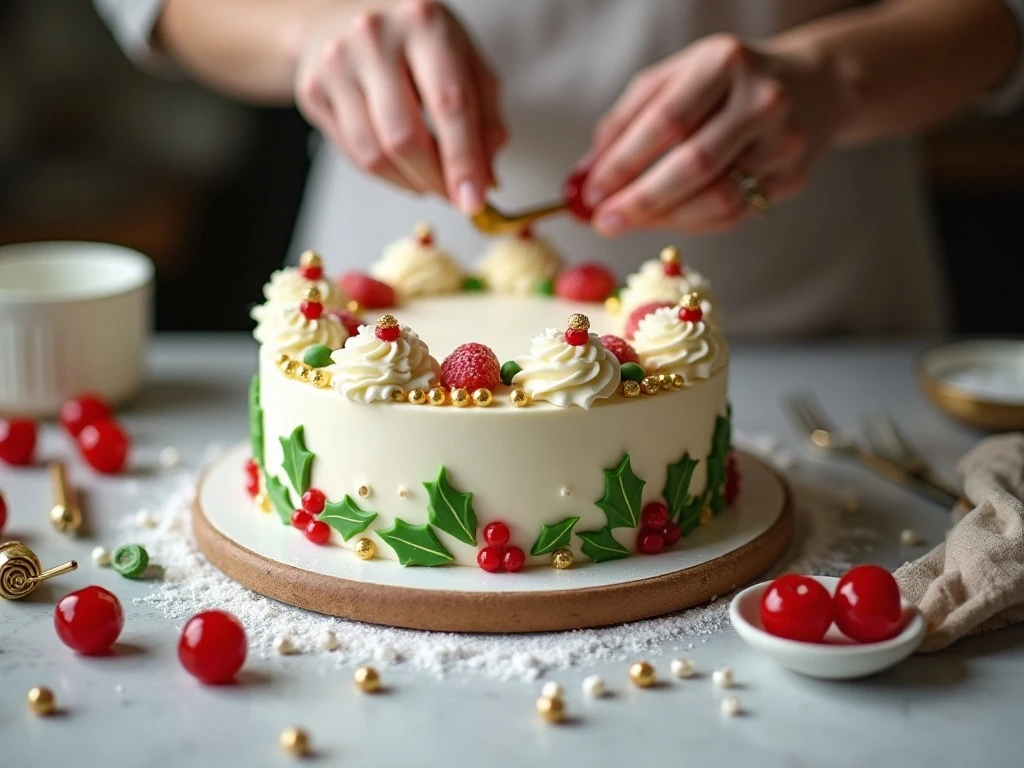 Colorful marzipan and fondant decorations for Christmas cake