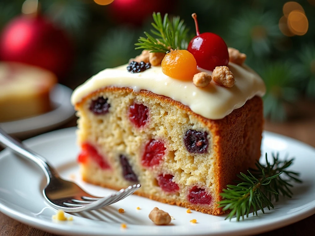 Slice of decorated Christmas fruit cake ready to serve
