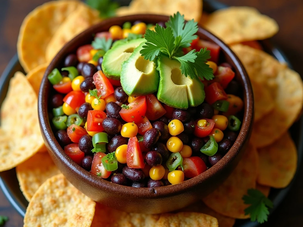 Colorful cowboy caviar served with tortilla chips