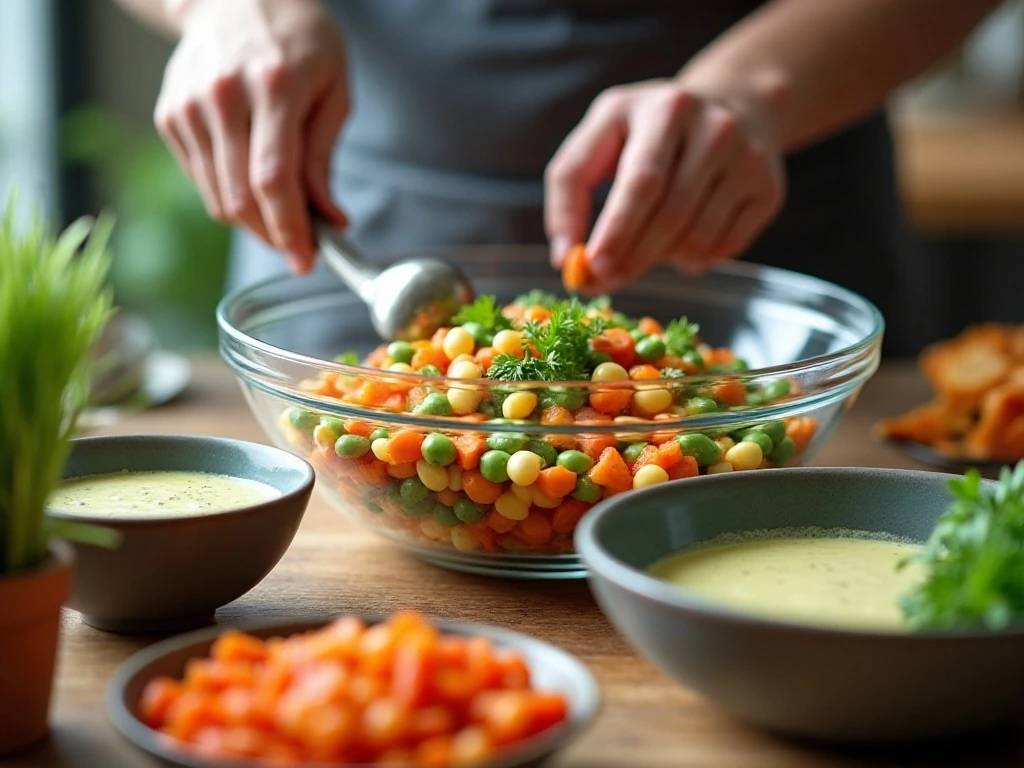 Mixing beans and vegetables for cowboy caviar