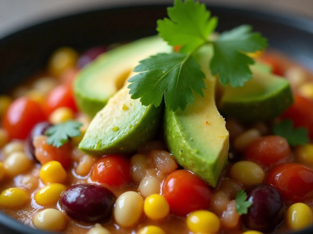 Close-up of avocado and cilantro garnishing cowboy caviar