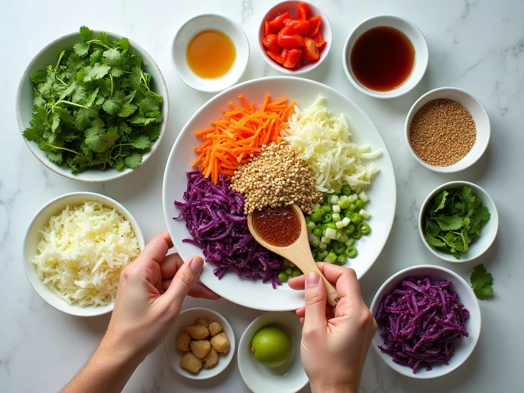 Ingredients for colorful cabbage slaw and sweet soy dressing