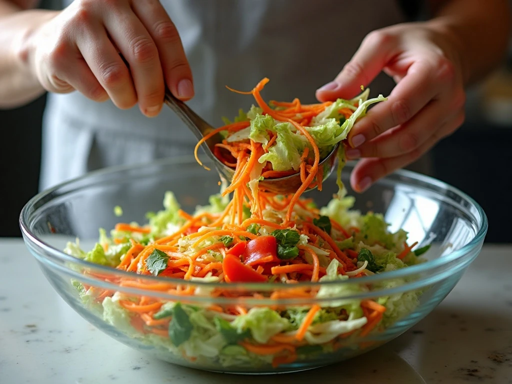 Vegetables being tossed with sweet soy dressing for cabbage slaw