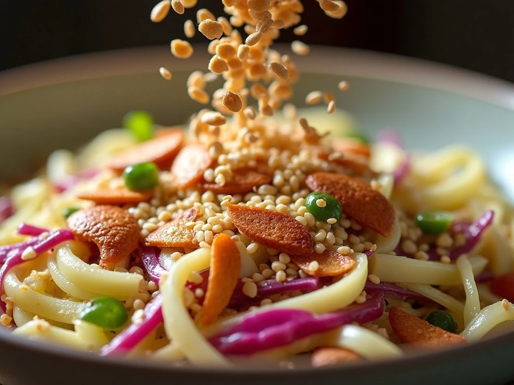 Toasted almonds and sesame seeds garnishing crisp cabbage slaw