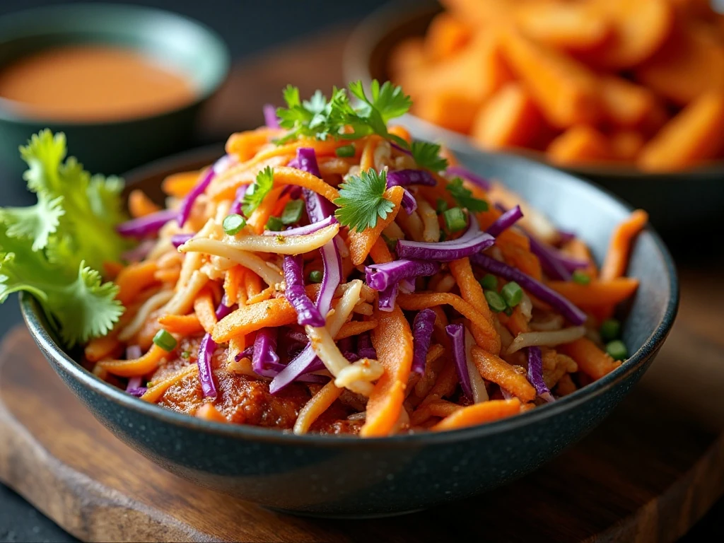 Cabbage slaw served as a colorful side dish with sweet potato fries