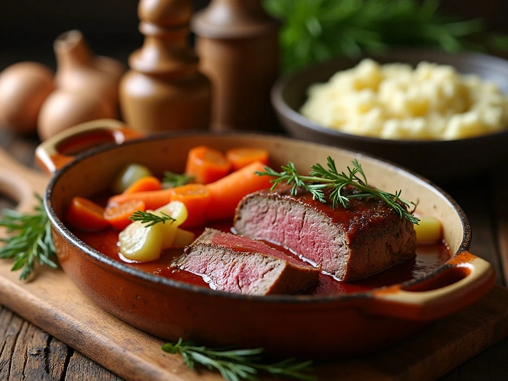 Tender company pot roast with vegetables and rich sauce served family style