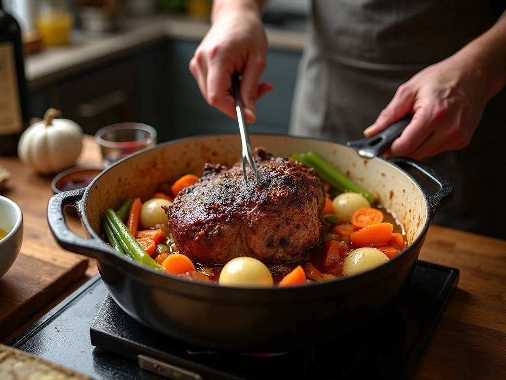 Browning chuck roast and vegetables for company pot roast