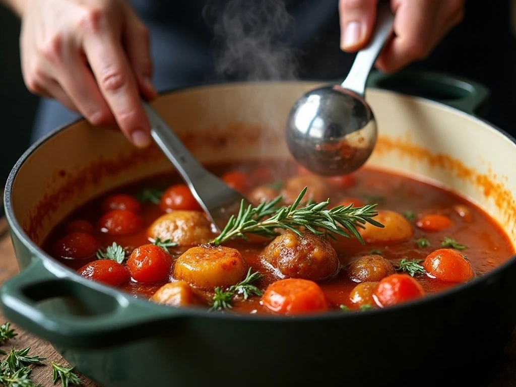 Rich braising sauce cooking around vegetables and herbs