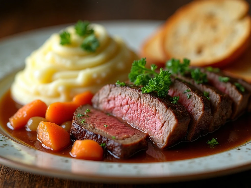 Company pot roast served with mashed potatoes and fresh parsley